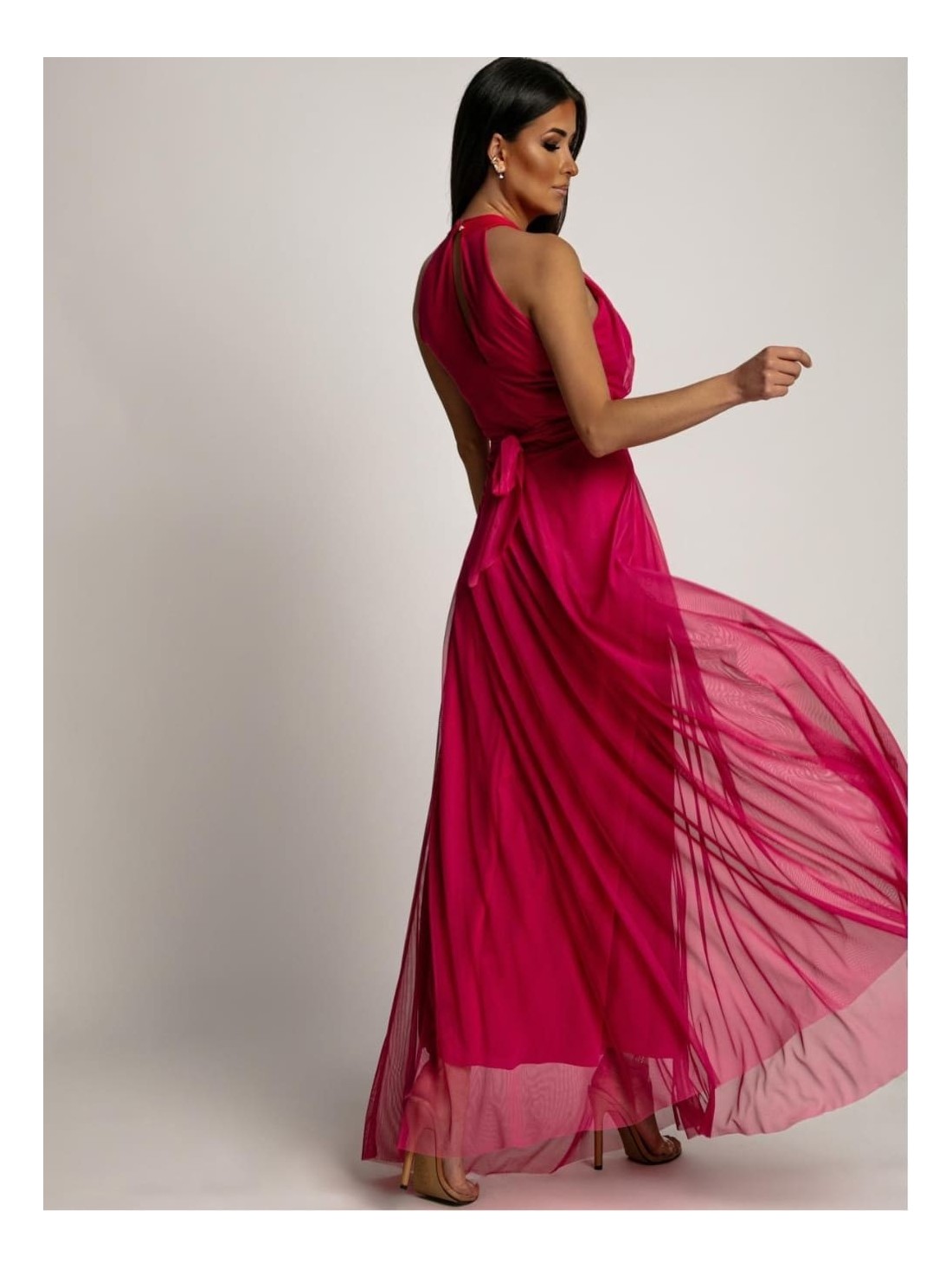 Elegant dress with tulle bottom, dark pink AZR156